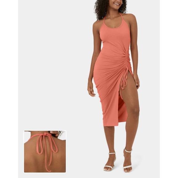 HALARA Dresses & Skirts - Ribbed Knit Halter Lace Up  Ruched Drawstring Split Hem Bodycon Midi Dress